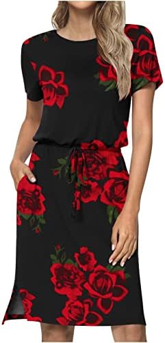 Ženska ljetna haljina 2023 casual cvjetni print kratki rukavi posada za vrat džepna haljina