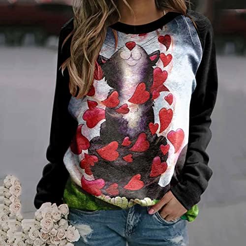 Nokmopo dugi džemper ženska modna ležerna ležerna rukava Valentinovo s tiskanim pulovernim puloverima za vrat Top bluza