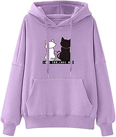 Sawvnm Womens Hoodies Trendy Happy Cat Par Triskajući pulover s duksevima s kanga džep Premium Valentines vrhovi