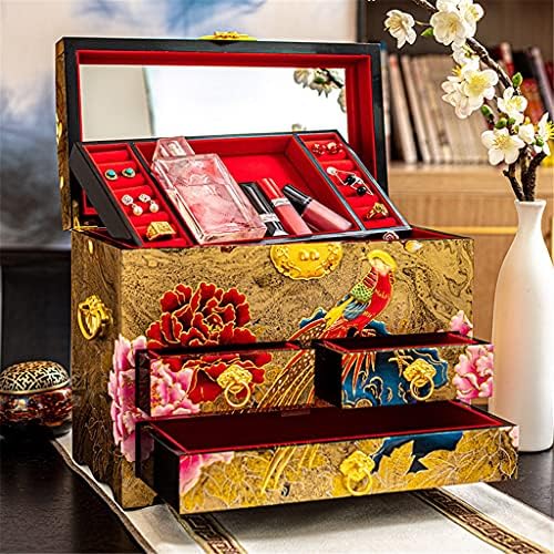 XJJZS Vintage Box Box Kineski stil Velikog kapaciteta Tri sloja kutija nakita s bravom vjenčani poklon