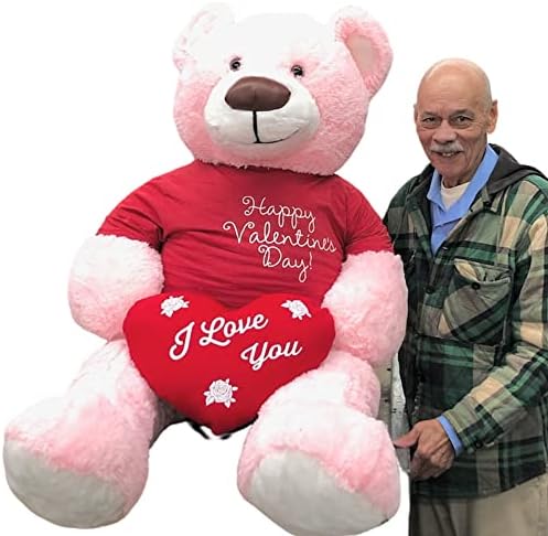 Veliki plišani Valentinovo 5ft Giant Giant Pinky Medvjed drži I volim te jastuk za srce u majici Valentinovo
