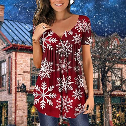Žene božićna majica snježne pahuljice majice kratke rukave V-izrez tunika Tonika Sakrij trbuh labava protočna bluza casual