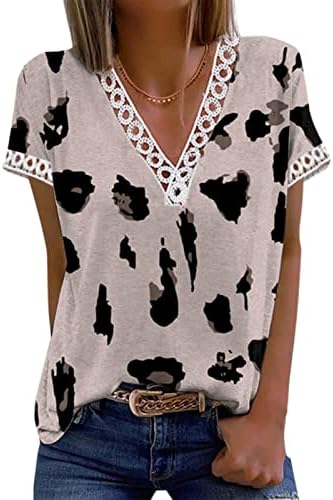 Ruganja za žene ženske v vratne kratke rukave gornje majice čipka čipka leopard tisak majice majice za žene