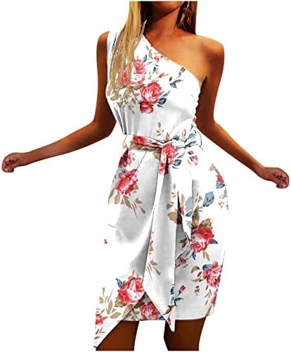 Žene ljeto povremene nagnute ramena obrezani cvjetni cvjetni print tanka haljina s pojasom