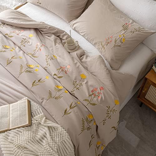 Pomaknite se preko taupe comforter set cvjetni cvjetni cvjetač kraljica oprani pamučni kaki tan izvezeni cvjetni dizajn