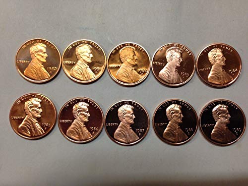 1980-1981 1982 1983 1984 1985 1986 1986 1988 1989 1989 Dokaz Lincoln Memorial Cents 10-Coin Decade Run Complete 1980-ih Set