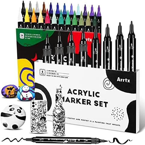 ARTX olovke za akrilne boje, 32 pcs, uključujući vrh četkice od 24 boje i markere fine vrhove boje za slikanje stijena, akrilna