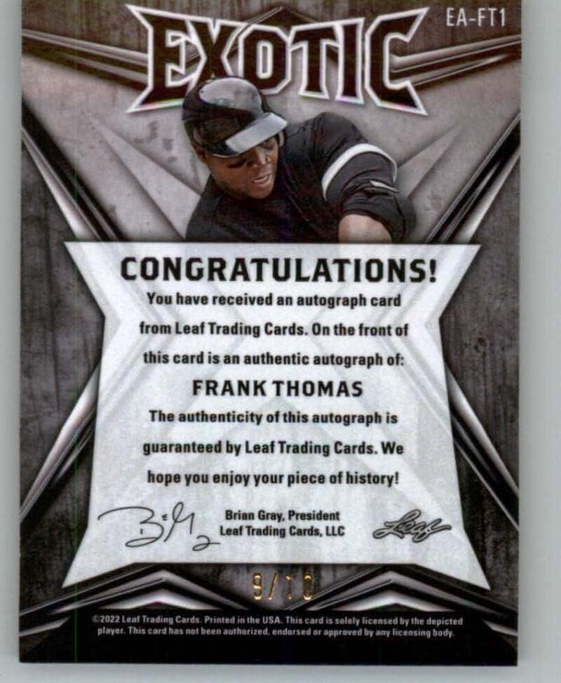 2022 LEAF Egzotični Multi-Sport Tiger Autograph EA-FT1 Frank Thomas Auto 9/10 Baseball Trading Card Chicago White Sox
