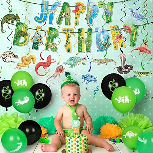 Oprema za rođendansku zabavu gmazova natpis reptilska močvara Sretan rođendan i 12 kom visećih uvojaka za gmazove životinje