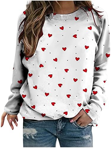 Valentine majice za žene ditsy srce print vrhovi dresy casual crewneck dukserica dugi rukav slatka pulover bluza