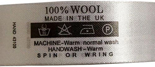 Oznake za njegu pranja ručne tkanine vune, napravljene u Velikoj Britaniji, 30 stupnjeva, ne izbjeljivač, 1 točkica