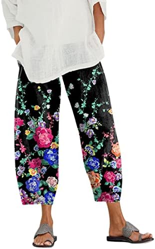Capri hlače za ženske pamučne posteljine široke noge kapris ženska ljetna umjetnost cvjetna plaža elastični struk vreća s