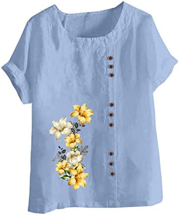Majice za žene Ljeto povremeni pamučni platneni vrhovi tunika plus cvjetni cvjetni tiskani slatke majice labave bluze