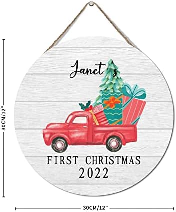 Drvene palete personalizirano ime djeteta viseći drveni znak 12.12 inča okrugli personalizirani Prvi Dječji Božić 2022 drveni