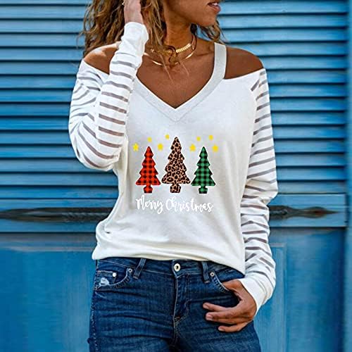 Božićne dukseve za žene halter hladno košulje s dugim rukavima tunike božićni šešir drvo srce otisak labave majice