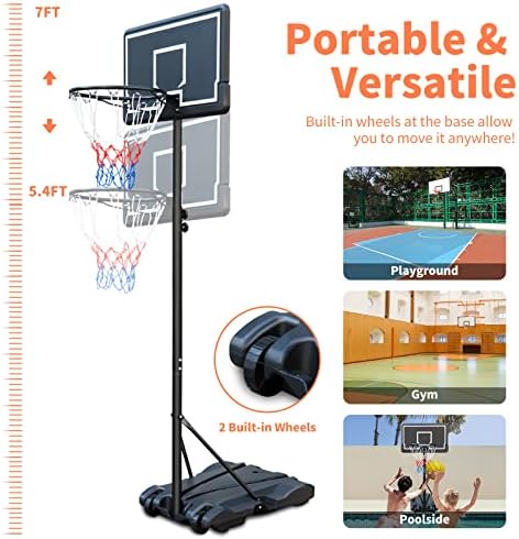 prijenosni košarkaški obruč od 5,4 ft-7 ft podesive visine, postolje za stražnju dasku i obruč za djecu i mlade s kotačima,
