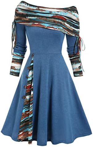 lcziwo žene patchwork vintage haljina s ramena dugi rukavi casual a-line haljine kaputa vrat prekrivanje bljeskalice ljuljačke