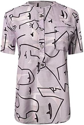 Ljetni gumb dolje košulje za žene, ženska ležerna modna pamučna laneno tiskana majica labava bluza s kratkim rukavima bluza