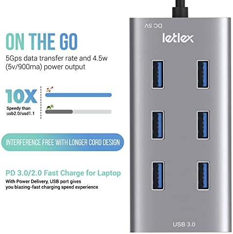 LETLEX 7port USB 3.0 Hub – high-Speed hub USB 3.0 priključak s napajanjem 5 Gbit / s i brzo punjenje – čvrsto kućište od