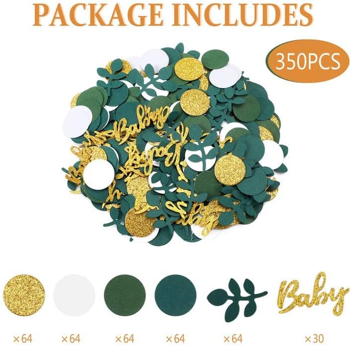 350 komada zelenila dekoracija konfeta za dječji tuš s eukaliptusom, okruglom kaduljom, zelenim zlatnim papirnatim stolnim