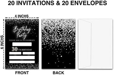 Lefohlon Black and Silver Rođendanske pozivnice, dvostrani srebrni sjaj s 20-paketom s omotnicama, bilo koje dobne zabave-D51