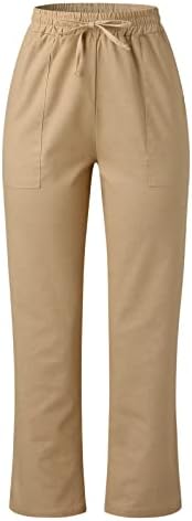 Pamučne lanene hlače za Žene Ležerne ljetne hlače s džepovima široke čipke jednobojne elastične udobne hlače za plažu visokog