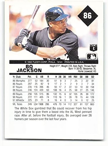 Baseball MLB 1992 Fleer 86 Bo Jackson VG White Sox