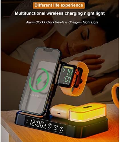 Moshou 5 u 1 bežičnoj stanici za punjenje s noćnim lampicama i satom za Appleov uređaj, 25 W Wireles punjač za iPhone 14