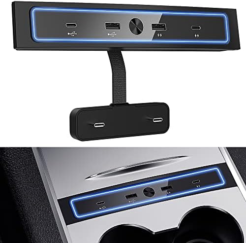 Nadograđeni automobil USB punjač za Tesla Model 3/Y 2021-2023, 4-u-1 multiport USB Hub priključna stanica s plavom LED svjetlom