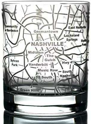 GreenLine robe naočale viskija - 10 oz za ljubitelje Nashville - urezano s kartom Nashville - Old Fashioned Rocks Glass