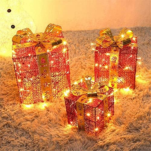 Boping Store božićne lampice ukrasi poklon kutija Set od 3 ukrasa za kutije unutarnji i vanjski božićno drvce lagane kutije