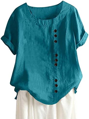 Ženske pamučne platnene majice plus size tunika s okruglim vratom kratkih rukava Ležerne široke majice ljetna bluza na kopčanje