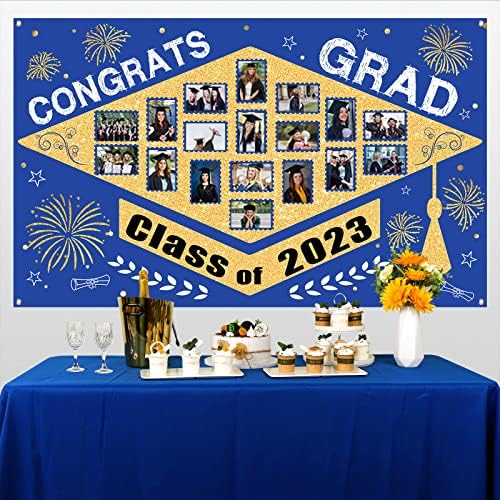 Dekoracije za diplomske zabave Klasa 2023: 72 x 44 plavo zlato diplomska baza natpisa s prostorom za prikaz fotografija,