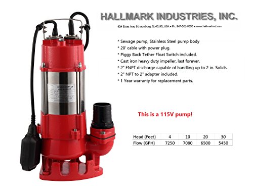 Hallmark Industries MA0387X-9 Kanalizacijska pumpa, nehrđajući čelik, 1HP, 115V, s plutajućim prekidačem, 7250 GPH/49 'Lift,