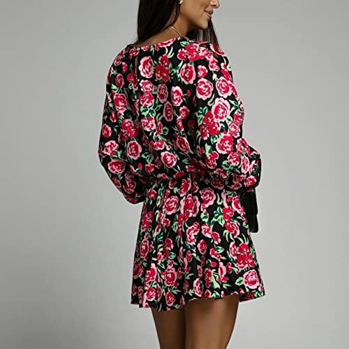 Žene 2023 jesenske ljetne haljine modni cvjetni print okrugli vrat ruffle dugi rukav cvjetni pojas mini suknje haljine