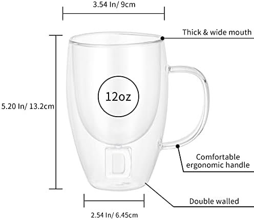 P&Y dvostruko staklene šalice za kavu - Početno slovo D prozirna šalica za kavu s ručicom, 12 oz espresso šalice za kapućino
