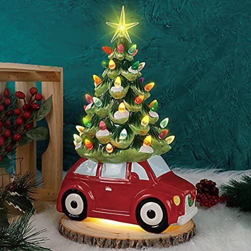 jofit keramičko božićno drvce, stolni božićno drvce s višebojnim svjetlima, 13,5 vintage crveni automobil s božićnim drvetom