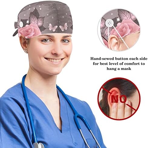 Ruže cvjetni leptir radni šešir podesivi kapica za piling s gumbima i pramčanom kosom škakljiva za medicinsku sestru i doktora
