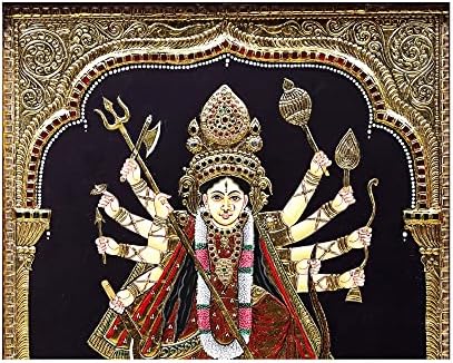 Egzotična Indija 21 X 27 Mahishasura-Mardini Slika s deset naoružanih durga Tanjore | Tradicionalne boje s 24k zlatom |