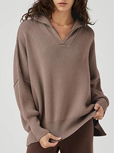 Prinbara ženski dugi rukavac 1/4 patentni zatvarač rame predimenzioniran Slouchy rebrasti pleteni džemper pulover s prorezom
