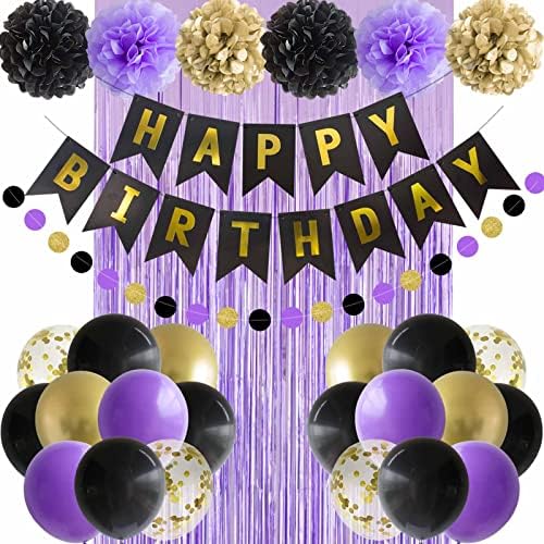 Ansomo Black Purple and Gold Happy Birthday Dekoracije baloni Décor opskrbljuju žene muškarci Dječaci djevojčice 16. 20.