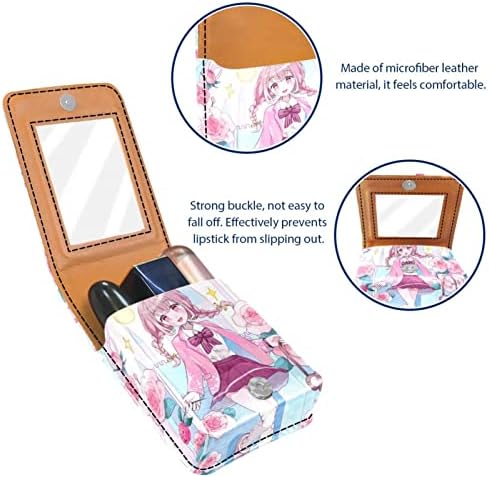 Kutija za ruž za usne s ogledalom slatka prijenosna Kozmetička torbica, djevojka crtani lijepi ružičasti cvijet ruže