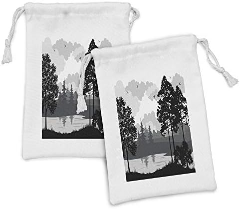 Ambsonne Lake Lake Forest Tkanina za vrećicu od 2, rijeka Forest Tree i leteće ptice siluete krajolik, mala vreća za vuču