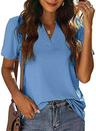 Žene Summer Casual Split V dekolte majice labave solidne boje vrhova kratkih rukava tunike bluze