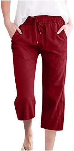 Hlače visokog struka za žene za žene ležerne labave lanene hlače ugaljni salon za trening Capris Sweatpants s džepom