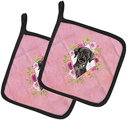 Caroline's blaga ck4261pthd crni labrador ružičasti cvjetovi par držača lonca, kuhinjska toplinska rezistentna držača lonca