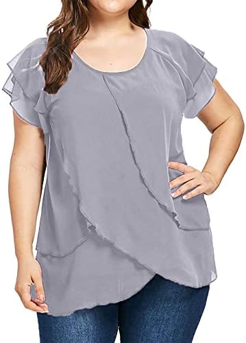 Žene plus veličine šifonske bluze casual labave fit floy elegantne košulje čvrste boje ruffle mreža kratki rukavi okrugli