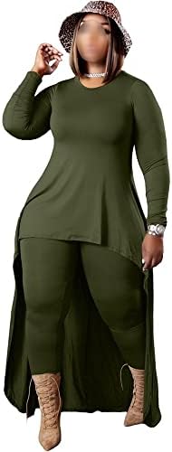Txukk plus veličina za žene dvodijelne setove zeleni okrugli vrat dugi rukavi nepravilni maxi vrhovi uske hlače odjeće ulice