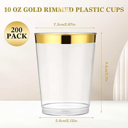 Yungyan skupno zlatno obrubljene plastične šalice 200 pakiranja 10 oz bistre plastične šalice jednokratne šalice Elegantne