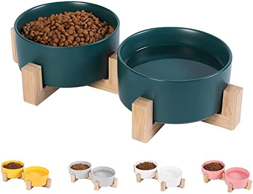Keramički set zdjela za pse i mačke od 28,7 Oz s drvenim postoljem Moderni Slatki ponderirani izdržljivi okrugli set za hranjenje